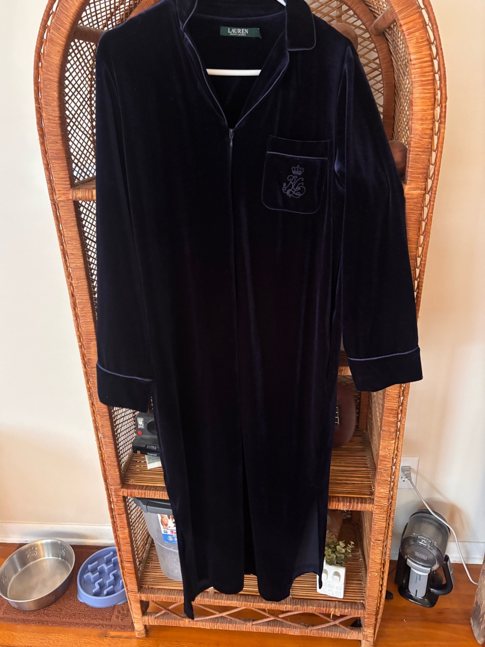 LAUREN RALPH LAUREN Women's Size Small Velvet Long Caftan in Navy Blue Full Zip